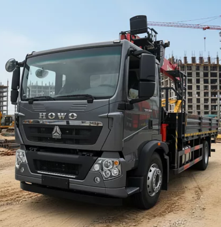 Howo T5G 4x2 flatbed truck with crane crane SunHunk S1254 (boom lifting capacity - 5 t)